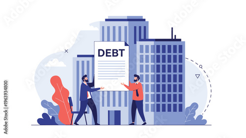 Two businessmen carrying a large white document labeled debt while standing in front of blue city skyscrapers.