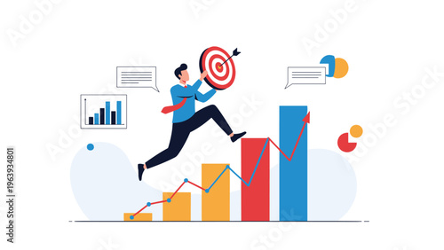 Energetic businessman jumping over a rising bar chart while holding a red bullseye target for career achievement.