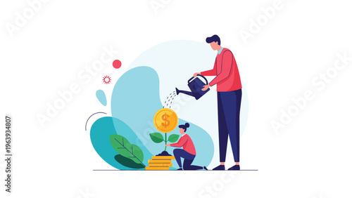 Man and woman watering a green plant growing out of a stack of gold coins topped with a large dollar currency sign.