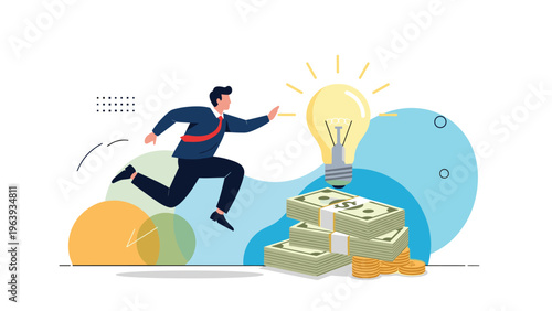 Ambitious businessman jumping over stacks of cash toward a giant glowing light bulb for a creative financial idea.