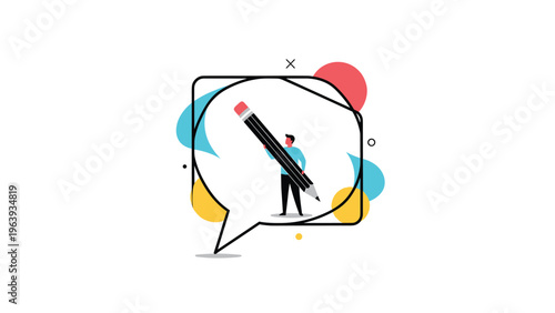 Creative man holding a giant pencil stands inside a large speech bubble against a background of abstract shapes.