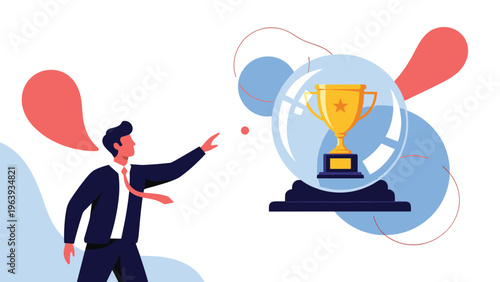 Determined man in a suit reaching toward a gold trophy encased in a glass globe representing ultimate success.