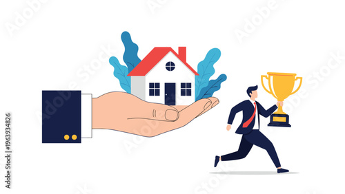 Businessman running with a gold trophy toward a giant hand holding a house for real estate success rewards.