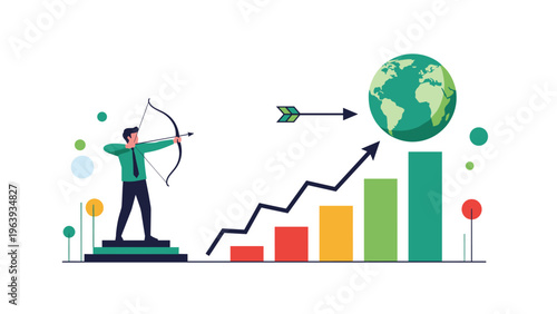 Man aiming a bow and arrow at a globe floating above a rising bar chart representing international business goals.
