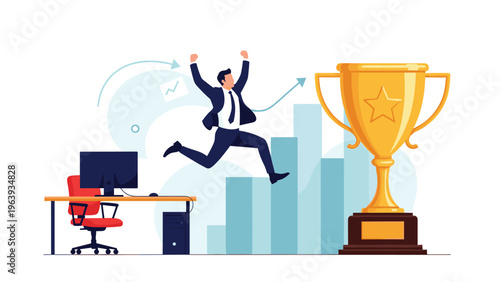 Joyful man jumping in an office next to a massive gold trophy and a bar graph showing high financial growth.