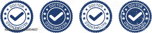 A set of four dark blue circular seals featuring a white checkmark with doctor recommended text isolated on transparent background, Vector