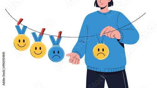Person hanging medals with smiley and frowny faces on a clothesline to evaluate feedback and performance reviews.
