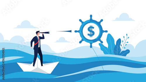 Man in a paper boat looking through a telescope at a ship wheel with a dollar sign on a wavy blue ocean.