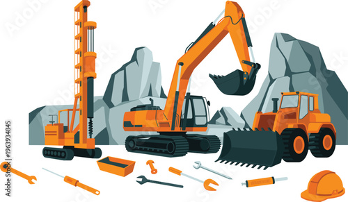 Heavy construction machinery set, excavator, bulldozer, drilling rig and tools, mining equipment collection, industrial work isometric vector illustration