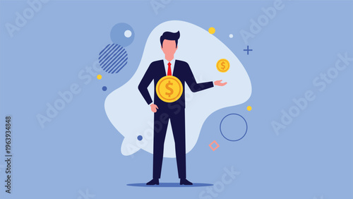 Confident businessman in a suit displaying a gold coin on his chest and holding another coin for wealth and profit.