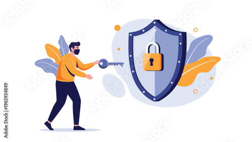 Man wearing a protective mask using a key to unlock a large blue shield featuring a gold padlock security icon.