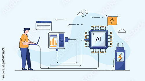 Modern professional using a laptop connected to an AI chip and a power source to represent high technology usage.