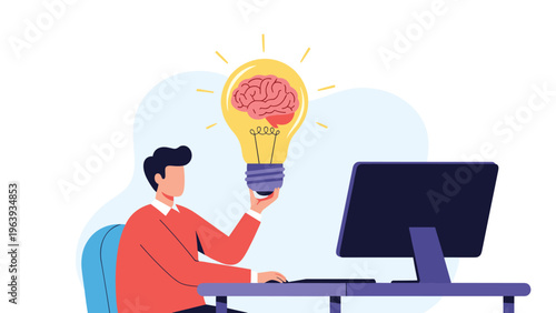 Man working at a computer with a giant glowing light bulb containing a human brain above his head for innovation.