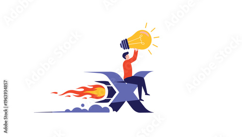 Ambitious man riding a rocket-shaped letter X while holding a glowing light bulb representing fast creative ideas.