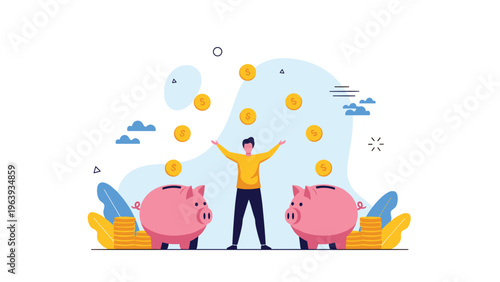 Happy man standing between two large piggy banks as gold coins rain down on him for financial abundance.