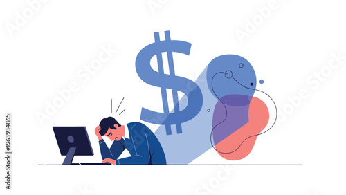 Stressed businessman at a computer desk with a giant blue dollar sign shadow behind him symbolizing financial debt.
