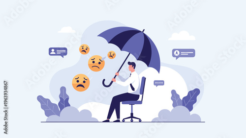 Businessman sitting in a chair holding an umbrella to protect himself from falling frowny face icons for wellness.