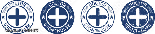 Four distinct circular doctor recommended stamps with blue and white medical cross iconography isolated on transparent background, Vector