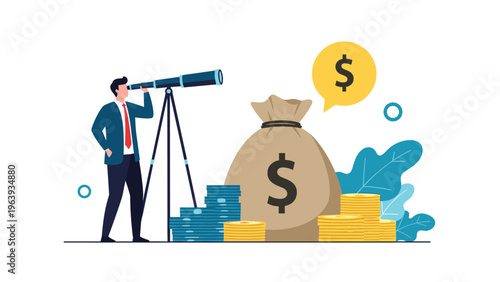 Businessman using a telescope on a tripod to view a giant money bag and stacks of coins for financial forecasting.