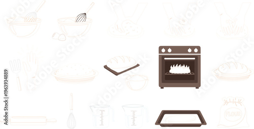 Bakery Process Illustration Set Featuring Mixing Dough, Kneading, Baking Bread, and Kitchen Tools