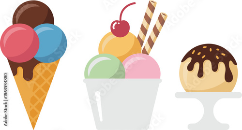 Ice cream desserts collection with cone, scoops, wafers and chocolate topping, sweet frozen treats for summer menu flat vector illustration