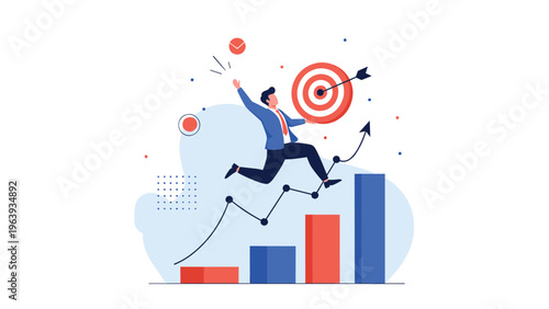 Successful businessman jumping for joy over a growth chart while holding a red bullseye target goal.