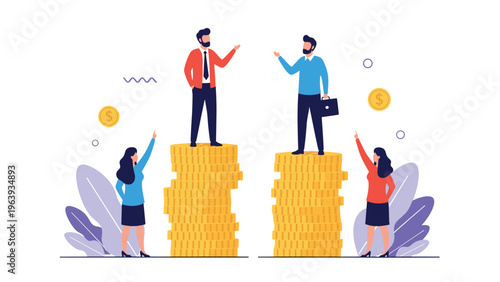 Two men standing on tall stacks of gold coins while two women point at them for wealth and status comparison.