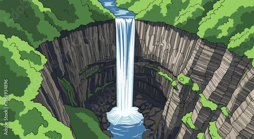 A stylized, pixelated waterfall cascades into a deep, rocky gorge surrounded by lush greenery