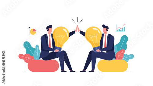 Collaboration and shared creativity concept showing two business professionals high-fiving while holding idea bulbs.