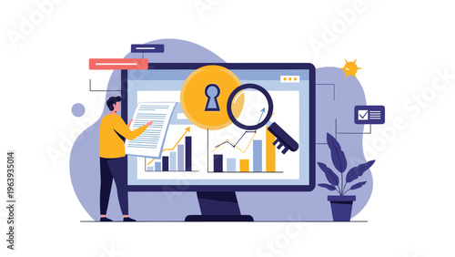 Data security analysis and financial auditing concept with professional using magnifying glass on screen with lock icon.