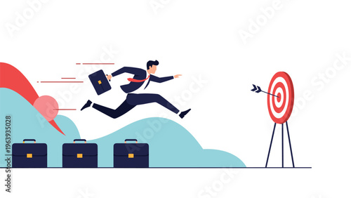 Ambitious businessman jumps over stacks of briefcases to reach a red bullseye target representing corporate goals and success.
