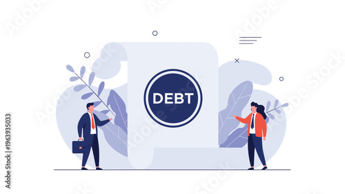 Financial debt management and liability awareness concept with two business professionals standing near a giant scroll.