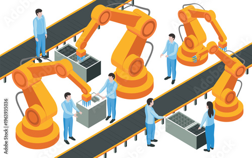 Industrial robotic arms working on automated production line, factory assembly process, engineers supervising machinery, smart manufacturing technology, vector illustration set
