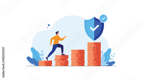 Motivated person walks up a staircase made of gold coins towards a blue security shield icon representing financial protection.
