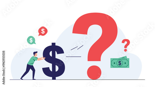 Determined employee pushes a heavy dark dollar sign toward a giant red question mark symbolizing financial uncertainty and risk.