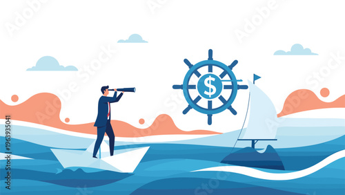 Visionary businessman stands on a paper boat using a telescope to look at a distant ship steering wheel with a large dollar sign.