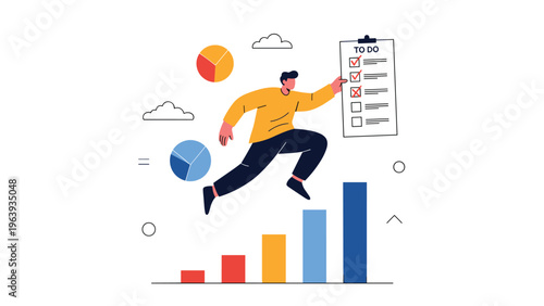 Energetic man jumps up a colorful bar chart to reach a giant to-do list clipboard representing task management and productivity.