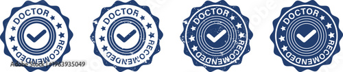 A set of four circular blue badge icons featuring a doctor recommended checkmark design style isolated on transparent background, Vector