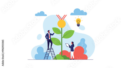 Business professionals work together to nurture a growing green plant with a gold medal at the top representing long term success.