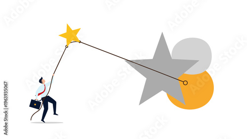 Small businessman uses a long rope to pull a bright yellow star towards himself while standing near several larger grey stars.