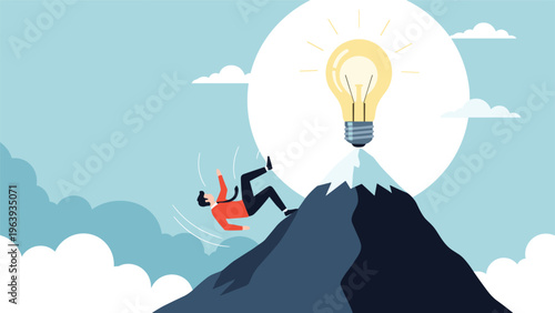 Unfortunate businessman falls from a steep mountain peak that has a large glowing lightbulb at the top representing a failed idea.