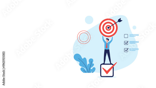 Successful man stands on a giant green checkmark holding up a large red target bullseye representing achieved business objectives.