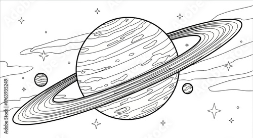 Saturn Planet Coloring Page with Rings and Stars