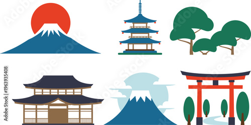 Japan landmark icons set, Mount Fuji, pagoda, torii gate, traditional architecture and nature elements, Asian culture flat vector illustration collection