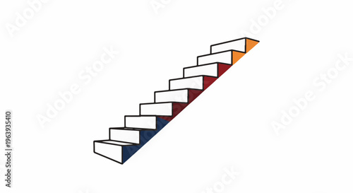 A stylized representation of a staircase with colored risers against a white background