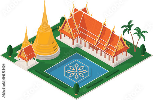 Isometric Thai temple complex illustration with pagoda, traditional architecture, pavilion, and garden landscape for cultural heritage, tourism, religion, and Asian design