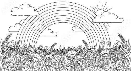 Coloring Page Featuring a Rainbow Over a Wildflower Meadow