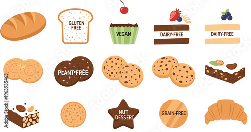 Bakery and Diet-Friendly Dessert Icons Featuring Gluten Free, Vegan, Dairy Free, and Grain Free Labels