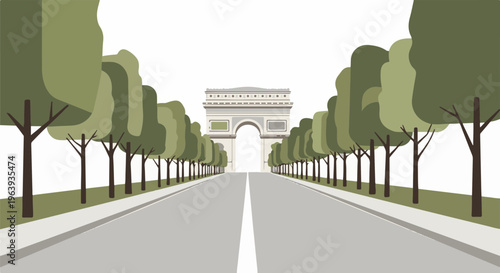 A stylized road leads to a grand monument lined with trees