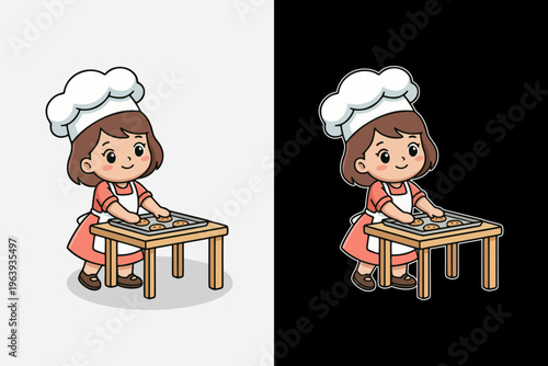 Cheerful Little Baker Girl Sliding Tray with Freshly Baked Cookies Illustration